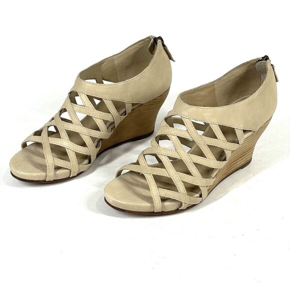 Eileen Fisher Sandals Womens 7 Beige Tan Caged Strappy Leather Wedge‎ Bohemian - Picture 4 of 11